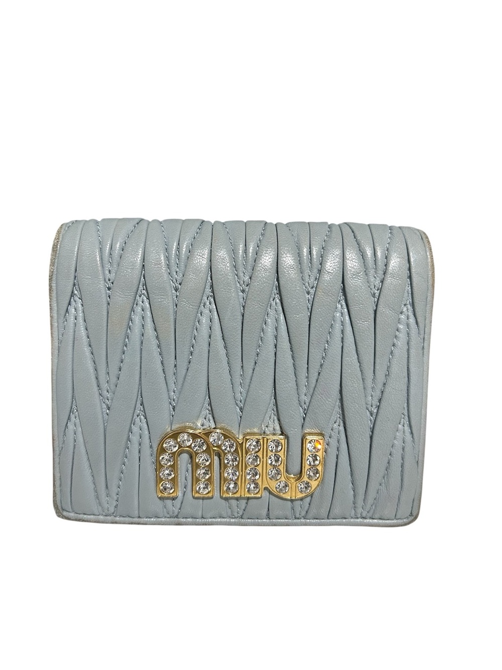 Miu Miu Powder Blue Quilted Wallet with Crystal Logo